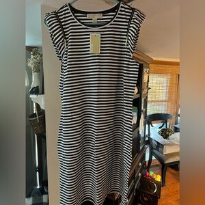 NWT Michael Kors Olive Army Green/White Striped Dress M Flutter Sleeve MSRP $89